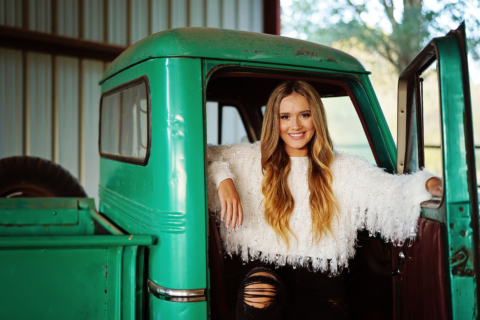 A woman sitting on a vintage truck