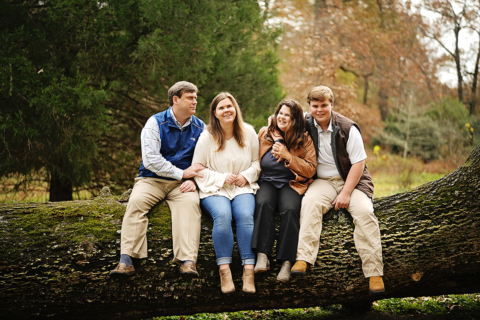 A family of four sitting on a huge tree
