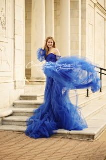 A girl wearing a long blue dress on the staircase