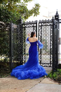 A woman wearing blue dress opening a metal gate