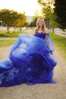 A woman wearing a beautiful long blue dress
