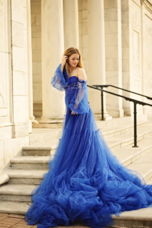 A woman wearing long blue dress on the stairs