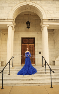 a girl with a beautiful blue dress standing on the stairs