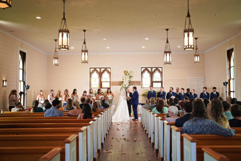 A bride and groom in the chapel